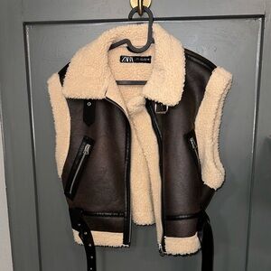 Zara Black and Cream Shearling Vest
